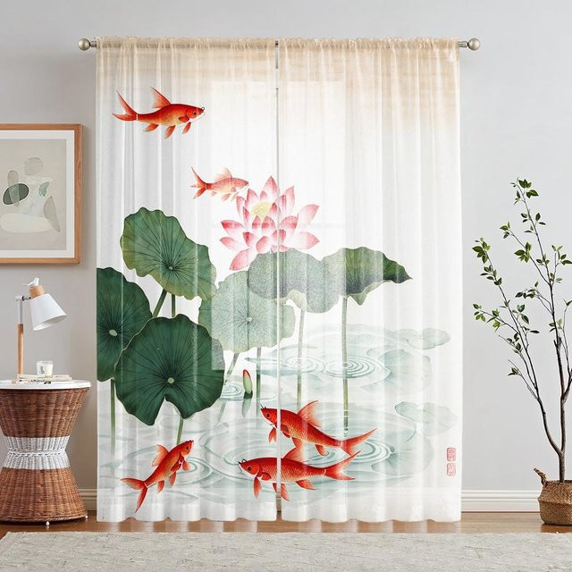 2er-Set Feng Shui Fensterschirm mit Lotus und Glückskarpfen Motiv in Weiß, B: 132 cm, H: 160 cm - Bild 1