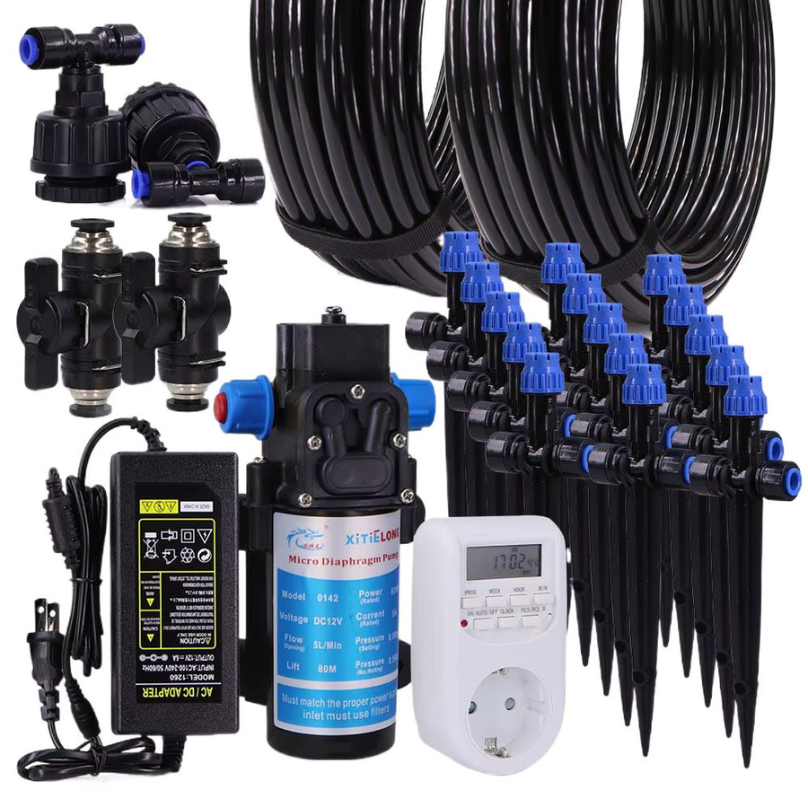Automatisches Gartenbewässerungssystem mit 60 W selbstansaugender Pumpe, verstellbaren Sprinklern und Tropfern in Schwarz - Bild 5
