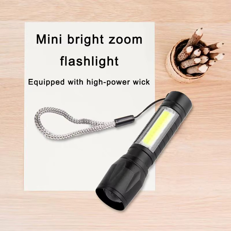 LED-Taschenlampe mit USB-Aufladung und Seitenlicht in Schwarz für Camping und Outdoor mit Teleskop-Zoom und COB-Funktion - Bild 4