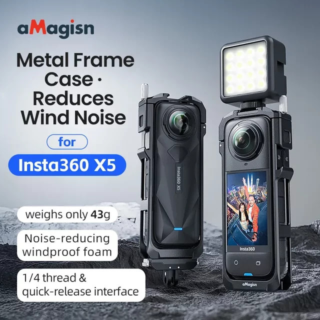 aMagisn Metallrahmenkäfig für Insta360 X5 in Schwarz mit Objektivdeckel und Geräuschfilterfunktion - Bild 1