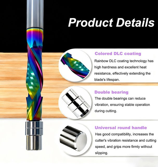 Vsharp DLC-beschichteter Vollhartmetall-Fräser mit 2 Nuten und Spiralklinge für die Holzbearbeitung, Schaftdurchmesser: 8 mm, Farbe: Mehrfarbig - Bild 1