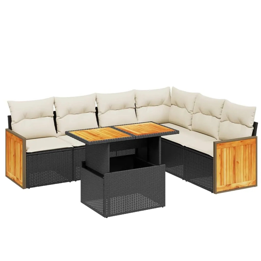 vidaXL 7-teilige Garten-Sofagarnitur in L-Form aus schwarzem Poly-Rattan mit Kissen und pulverbeschichtetem Stahlrahmen - Bild 2