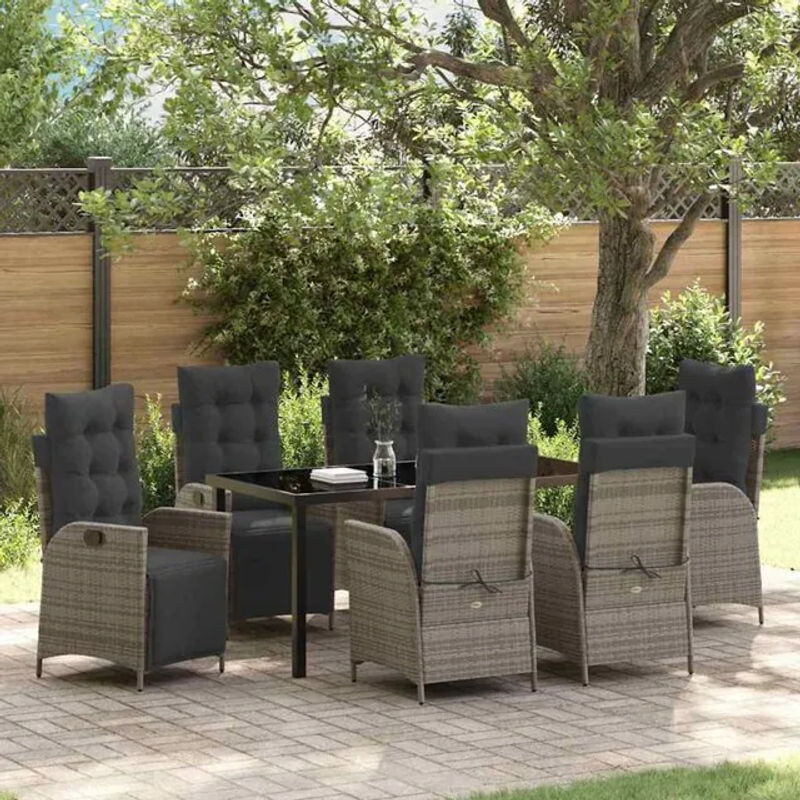 vidaXL Garten Essgruppe aus Poly-Rattan und Metall mit Glastisch in Grau, 7-teiliges Set - Bild 1