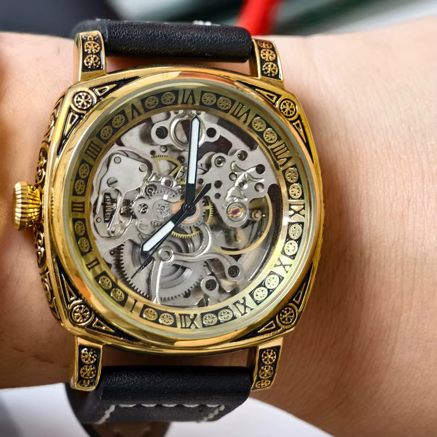 PINTIME Armbanduhr Automatik, Eckig, Gold, Leder, Herren - Bild 3