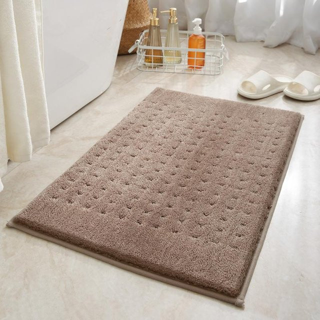 Saugfähige und schnelltrocknende Badezimmermatte aus Polyester, rutschfester Plüschteppich in Beige, B/T: 60 x 40 cm - Bild 1