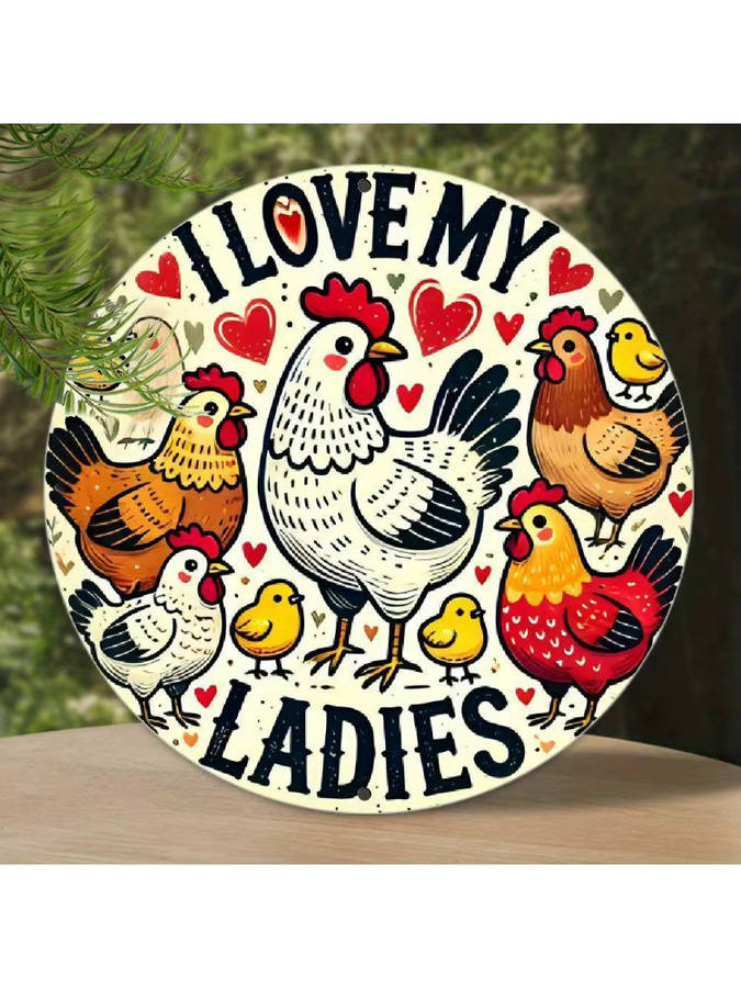 Potdemiel Wandkunstdekoration I Love My Ladies aus Metall, runde Vintage Hühner und Küken Wanddekoration, Mehrfarbig, Durchmesser: 20 cm - Bild 6