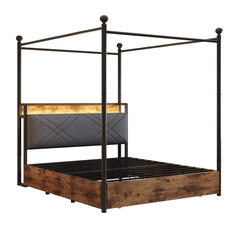 Merax Doppelbett mit Baldachin in Schwarz, inklusive LED-Unterbettbeleuchtung und USB-Ladeport, B/T/H: 140 x 190 x 208,6 cm - Bild 2
