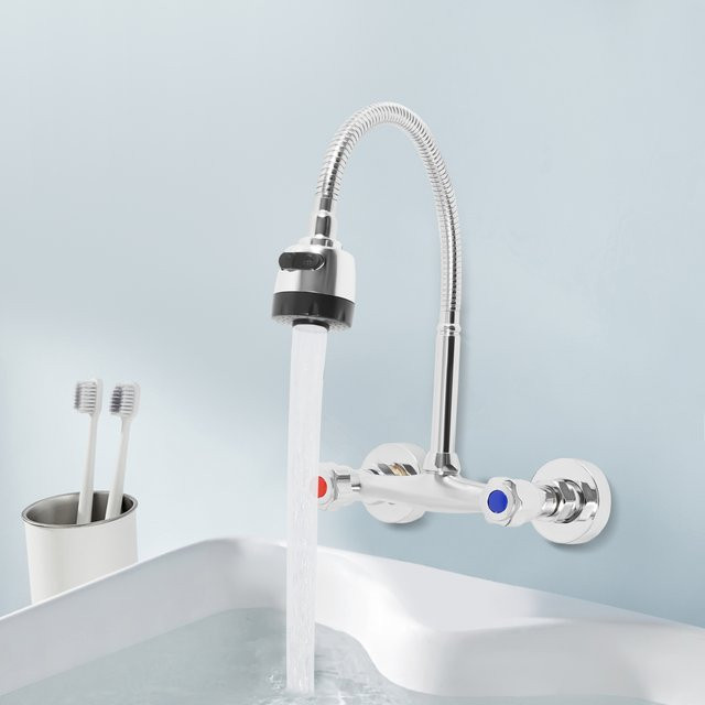 Aohuada Wandarmatur in Chrom, wandmontierte Zweigriff-Mischbatterie für Küche und Badezimmer mit 360 Grad schwenkbarem Auslauf - Bild 1
