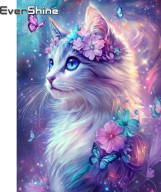 EverShine Diamant-Mosaik Katze mit Schmetterling und floralen Elementen, quadratische Stickerei in Multicolour, B/H: 20 x 30 cm - Bild 1