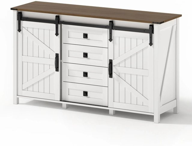 okwish Sideboard mit Schiebetüren und 4 Schubladen für die Küche, Weiß, B/T/H: 137 x 40 x 82 cm - Bild 1