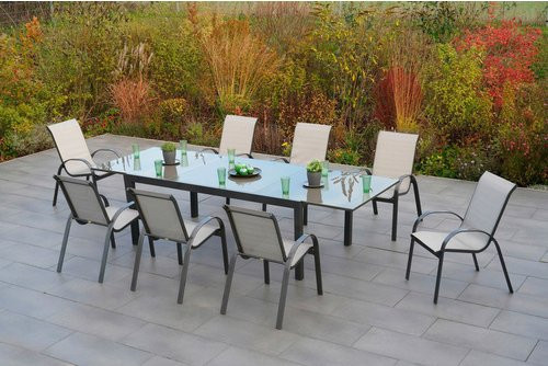 Merxx Gartenmöbelset Amalfi 9-teilig aus Aluminium und Textil in Braun mit ausziehbarem Tisch und stapelbaren Sesseln - Bild 1