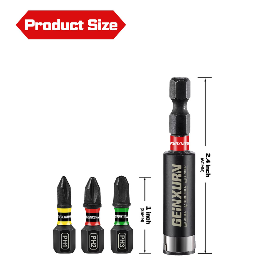 Geinxurn Impact Phillips Schraubendreher-Bits-Set aus magnetischem S2-Stahl mit Bithalter und farbcodierter Basis (PH1/2/3) - Bild 2