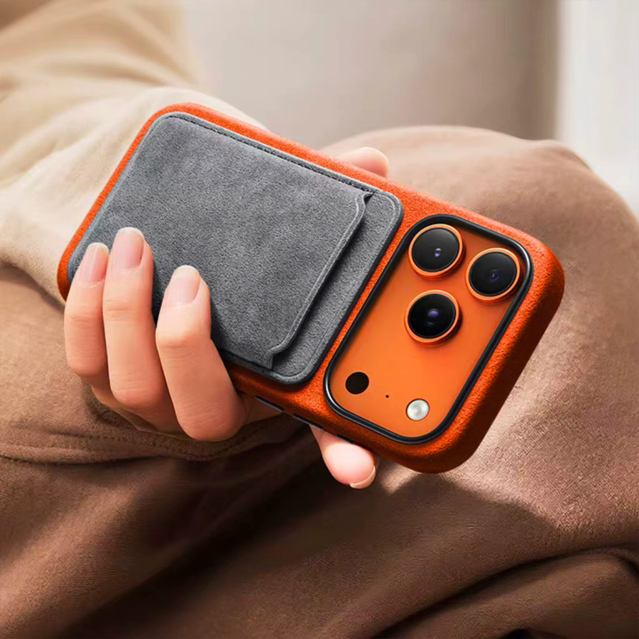 KOOYUTA Alcantara Magnet-Hülle für iPhone 17 Pro Max mit MagSafe und Smart Button Schutzhülle in Grau und Orange - Bild 5