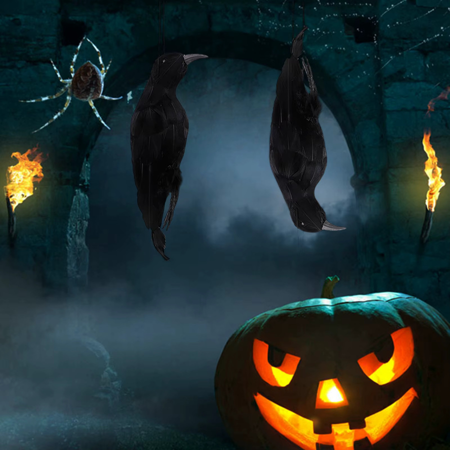 ZJCHAO Hängende Krähe als gruselige Halloween-Dekoration, schwarzer gefiederter Vogel für Garten und Außenbereich - Bild 2