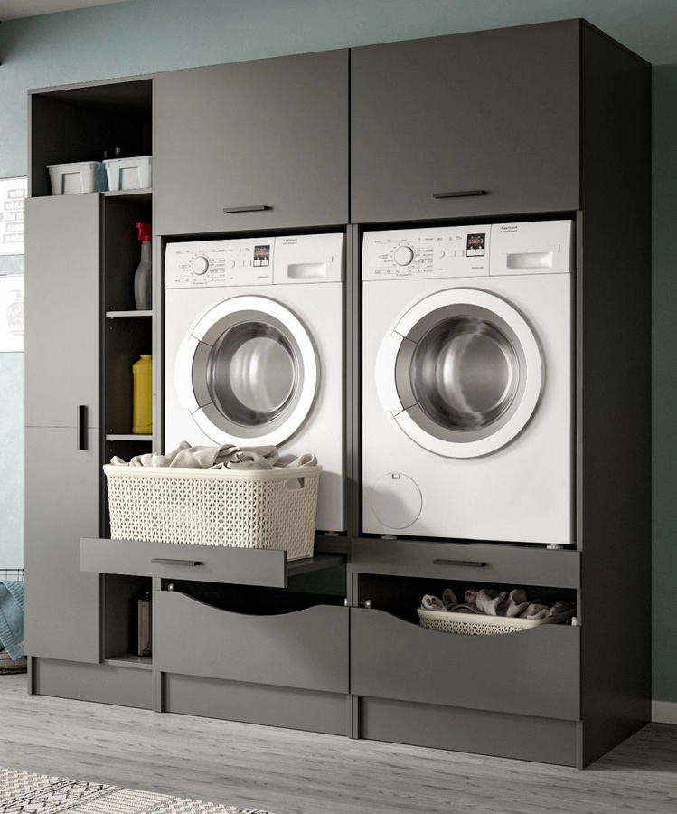 Waschmaschinenumbau Set Flexy in Grau, modern mit Soft-Close-Türen und Innenausstattung, B/H: 182 x 195 cm - Bild 1