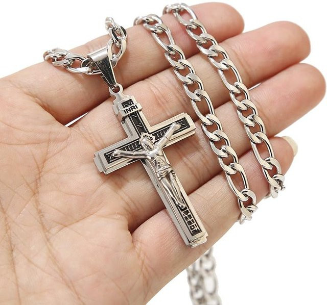 Halskette mit Anhänger Kruzifix, 316L Edelstahl, Silber, Unisex, 60 cm - Bild 1