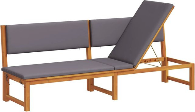vidaXL Sonnenliege aus massivem Akazienholz mit hellgrauen Kissen und 3-in-1-Funktion, B/T/H: 180 x 60 x 45 cm - Bild 1