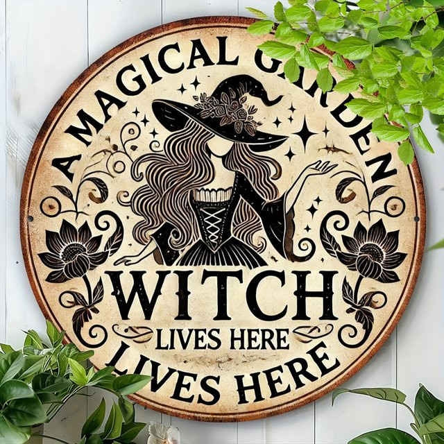 Potdemiel Rundes Metallschild Magical Garden Witch Lives Here in Vintage-Optik mit Blumenmuster, Durchmesser: 20,32 cm - Bild 1