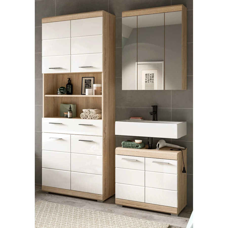 Inn.Furn Badmöbel Set Mambo 3-teilig in Weiß Hochglanz und Eiche mit Waschtischunterschrank, Spiegelschrank und Hochschrank - Bild 5