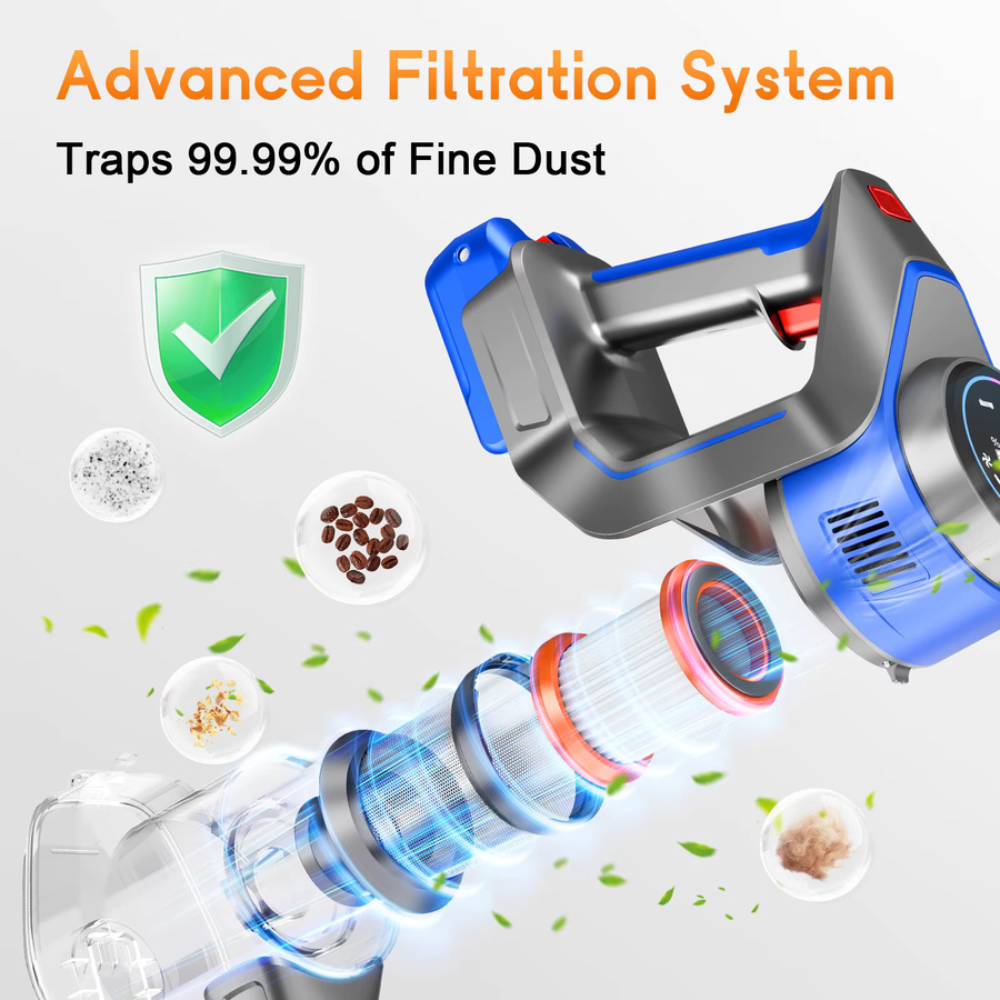 Honki Kabelloser Nass- und Trockensauger in Blau mit 78KPA Saugkraft, LED-Beleuchtung und beutellose Technologie für Tierhaare und Teppiche - Bild 2