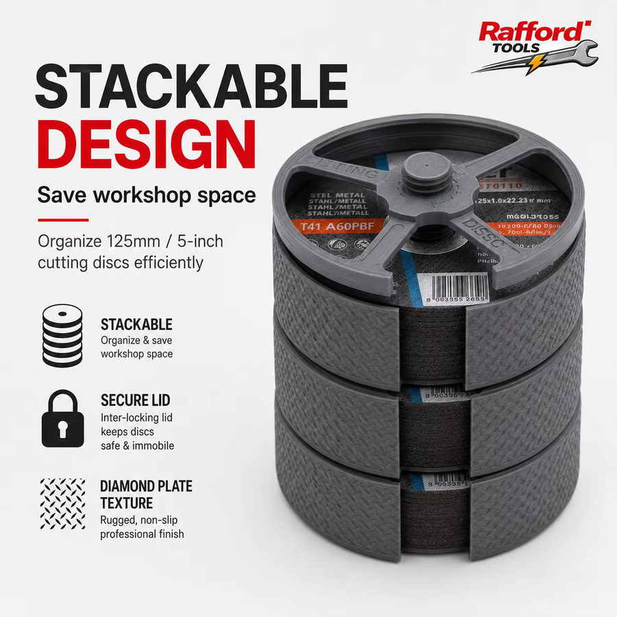 Rafford Aufbewahrungsbox für 125mm Trennscheiben, Stapelbarer Scheibenhalter Organizer für 5 Zoll Winkelschleifer, Schwarz - Bild 1