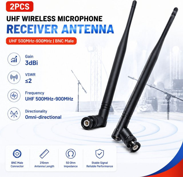 2er-Set BNC Stecker Antennen für UHF Drahtlose Mikrofon Empfänger, 500 MHz-900 MHz, 3dBi Gain Verstärker, Schwarz, Länge: 215 mm - Bild 1