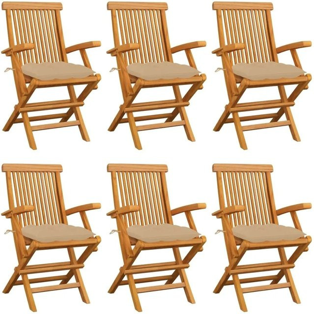 vidaXL Gartenstuhl-Set aus Teak-Massivholz mit beigen Kissen, 6 Stück, Braun - Bild 1