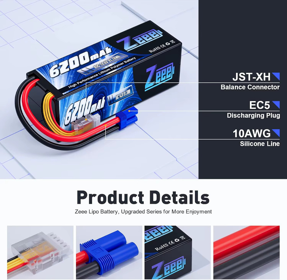 Zeee Lipo Batterie für RC Auto 14,8 V 6200mAh mit EC5 Stecker - Bild 3