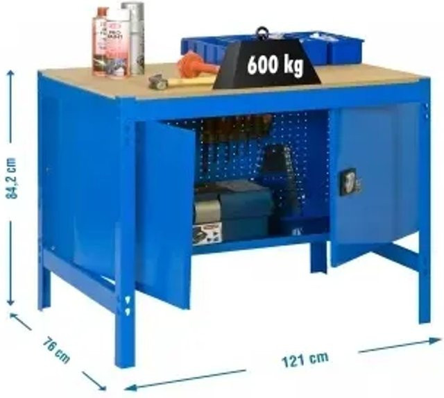 PROREGAL Werkbank Buffalo mit Schrank in Blau, höhenverstellbar, Traglast 600 kg, H x B x T: 84 x 120 x 76 cm - Bild 1