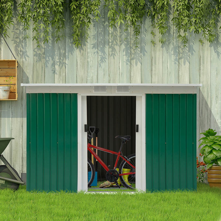 Outsunny Gerätehaus Gartenhaus aus Stahl mit Schiebetür und Lüftungsfenster, Dunkelgrün, B/T/H: 280 x 130 x 172 cm - Bild 2