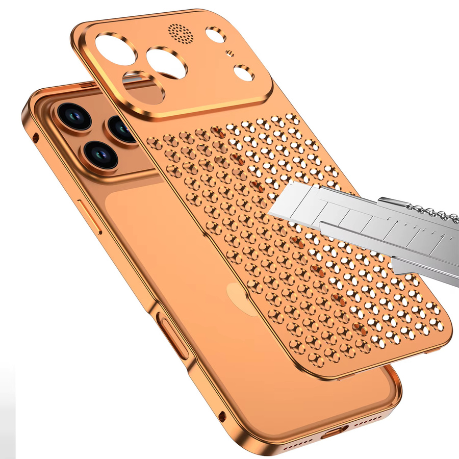 Metall-Aluminium-Kühlhülle für Apple iPhone 17, 16, 14, 13, 12 Pro Max mit Aromatherapie-Diffusor und abnehmbarer Rückseite in Orange und Gold - Bild 2