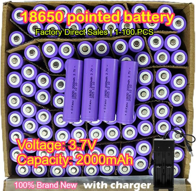 DiKaou 18650 Lithium-Ionen-Batterie mit USB-Ladegerät, 3,7 V, 2000 mAh, Lila - Bild 1