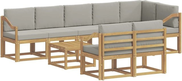 vidaXL Outdoor-Sofagarnitur aus massivem Akazienholz in L-Form, 9-teiliges Set mit Kissen in Weiß und Hellgrau - Bild 1