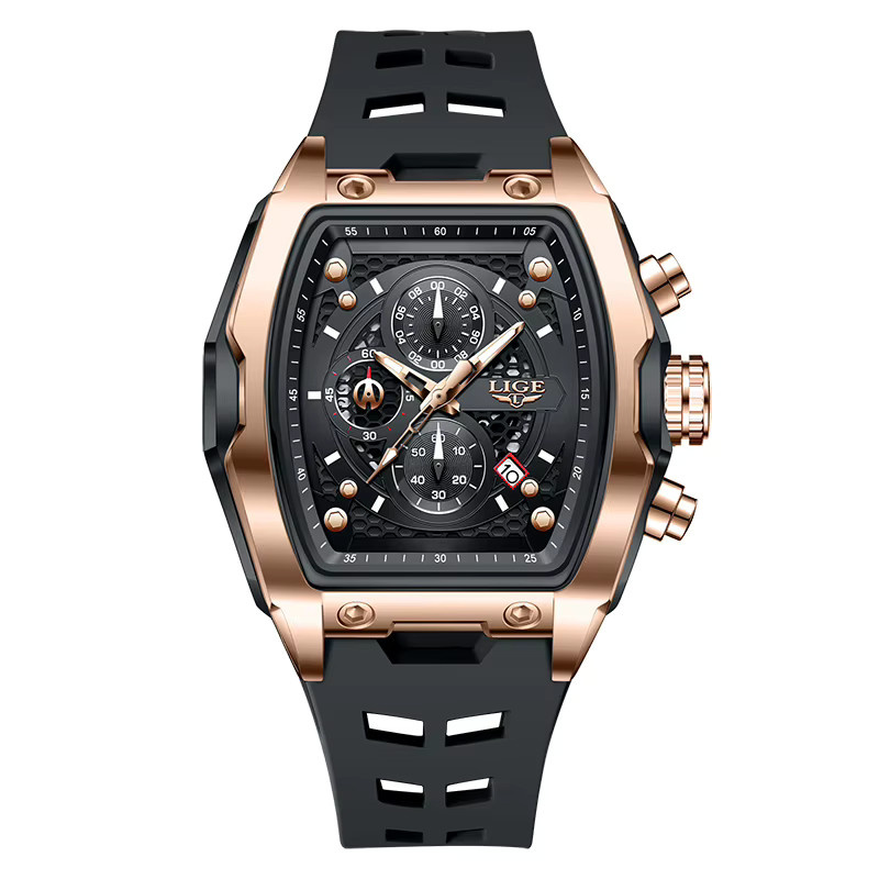 LIGE Chronograph, Quarz, Eckig, Silikon, Schwarz, Herren - Bild 6