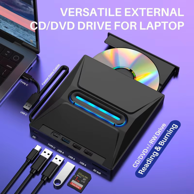 Externes 5-in-1 Blu-ray Laufwerk mit USB 3.0 Type-C Anschluss, BD/DVD/CD Brenner und SD/TF Kartenleser in Schwarz - Bild 5