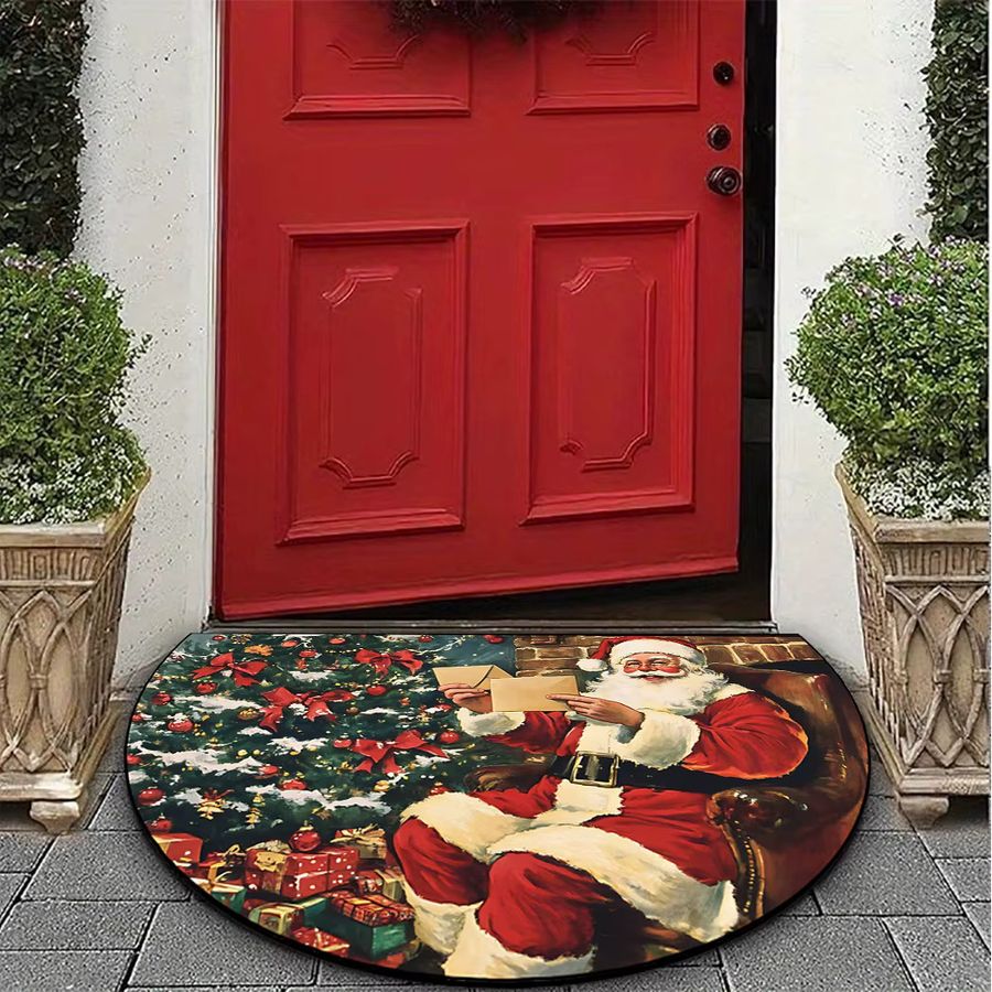VIKAMA Weihnachtsteppich mit Weihnachtsmann Motiv, halbrunde Fußmatte, maschinenwaschbar, ideal für Veranda, Wohnzimmer, Schlafzimmer oder Badezimmer - Bild 2