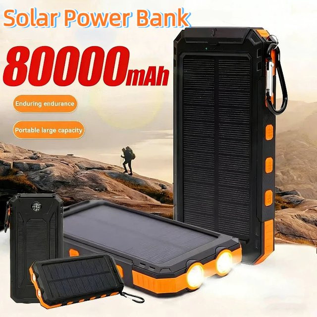 Solar Power Bank 80000 mAh Tragbare Externe Batterie mit starkem LED Licht für Smartphones in Blau oder Schwarz - Bild 1