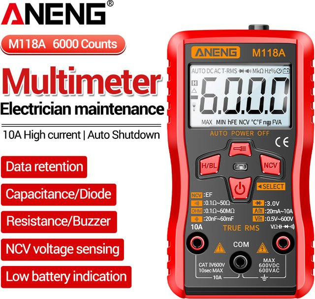 ANENG M118A Digital-Multimeter-Tester mit berührungsloser Induktion für AC/DC-Spannung, Strom und Kapazität, True RMS, Farbe: Rot - Bild 1