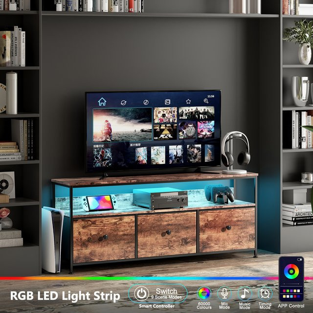Anajqaqia LED-Retro-TV-Schrank in Braun mit 3 abnehmbaren Stoffschubladen, B/T/H: 108 x 30 x 57 cm - Bild 1