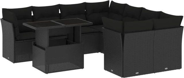 vidaXL 9-teilige Garten-Sofagarnitur aus Poly-Rattan mit Kissen in Schwarz - Bild 1