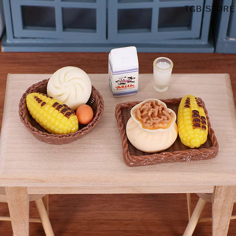 DIAPER&CORED Mini Frühstück Modell Set mit Brötchen, Mais, Ei und Milch in Bunt für Puppenhaus Dekoration und Kinderspielzeug - Bild 2
