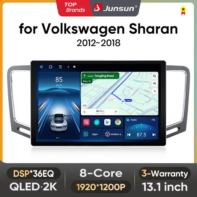 Junsun QLED Android Wireless CarPlay Autoradio für Volkswagen Sharan 2012-2018, 13,1 Zoll, Schwarz - Bild 1