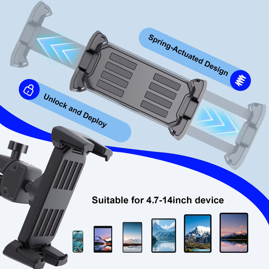 Homhu Universelle Tablet-Halterung für Fitness-Studio Laufband und Fahrrad, Lenker-Clip-Ständer für iPad Pro 11 und 12.9, Air sowie Samsung Smartphones von 4 bis 14 Zoll, Schwarz - Bild 5