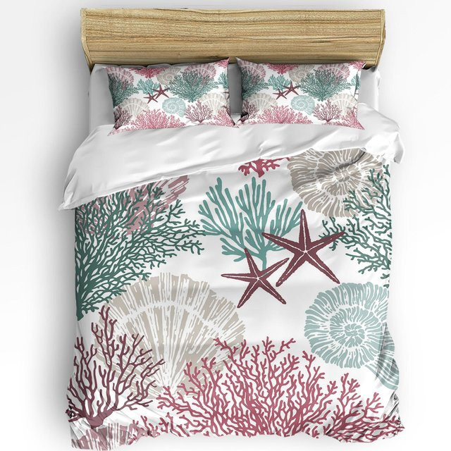 3-teiliges Bettwäscheset mit Marine Korallen Muscheln und Seestern in Blau und Multicolour, Material Mikrofaser Polyester, B/H: 135 x 200 cm - Bild 1