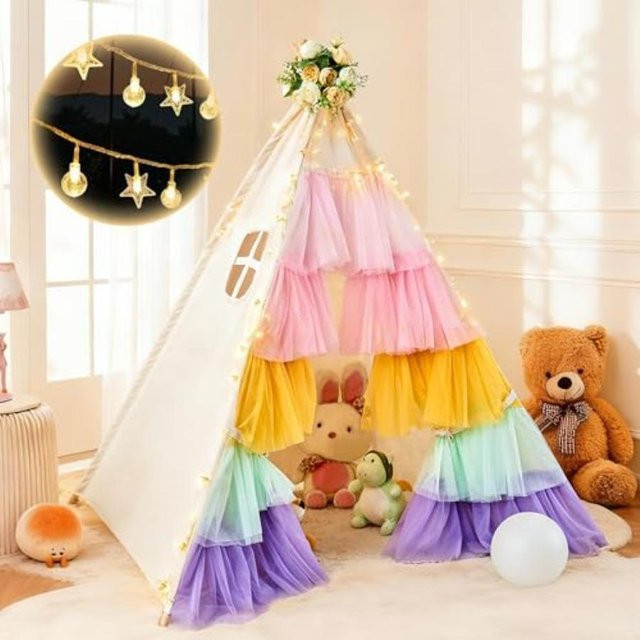 Hallo Hirsch Tipizelt, Spielzelt, mit Sternenlichtern, Regenbogen, Tüll, Faltbares Indoor Spielhaus - Bild 1