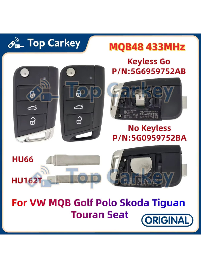 TopCarkey Original Flip Fernbedienung Schlüssel MQB48 Chip 433MHz für VW Golf Polo Virtus Tiguan Touran in Schwarz - Bild 3