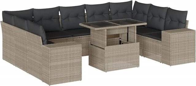 vidaXL 10-tlg. Garten-Sofagarnitur in L-Form aus Poly-Rattan mit Kissen in Hellgrau - Bild 1