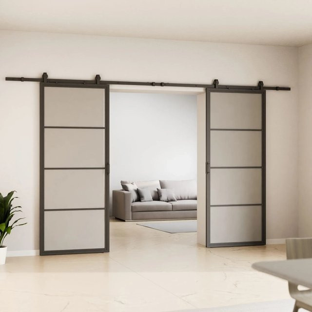 inova Loft Glasschiebetür Komplettset aus Stahl in Schwarz, Satiniert, Wandmontage, inkl. 2seitigem Softclose, H x B: 220 x 205 cm - Bild 1