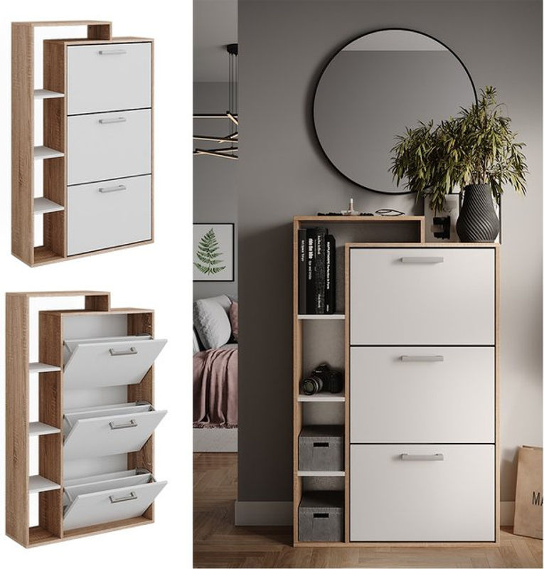Vicco Schuhkipper Orlando in Eiche und Weiß mit 3 Fächern, Breite: 80 cm, Höhe: 128,3 cm - Bild 2