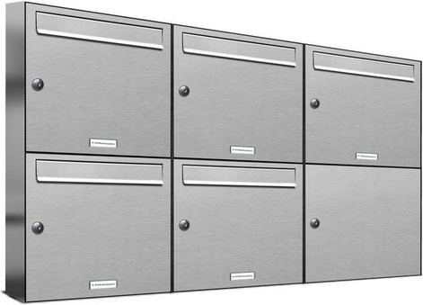 AL Briefkasten für 5 Parteien, Aufputzmontage, Edelstahl, silberfarben, B/H/T: 115,9 x 68,4 x 11,6 cm - Bild 1